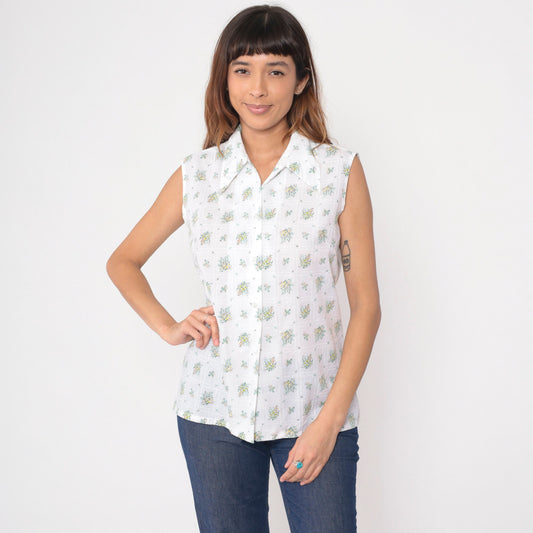 70s Floral Button-Up Tank Top White Wildflower Print Dagger Collar Medium