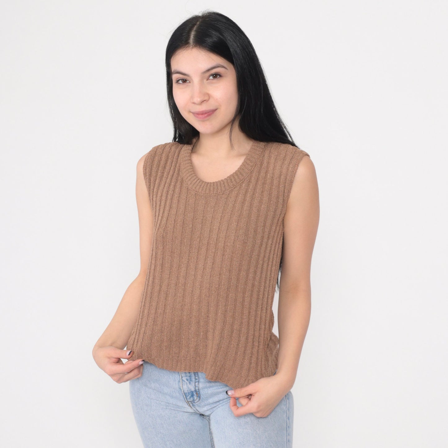 80s Cocoa Brown Ribbed Knit Sweater Vest Scoop Neck Pullover Medium M