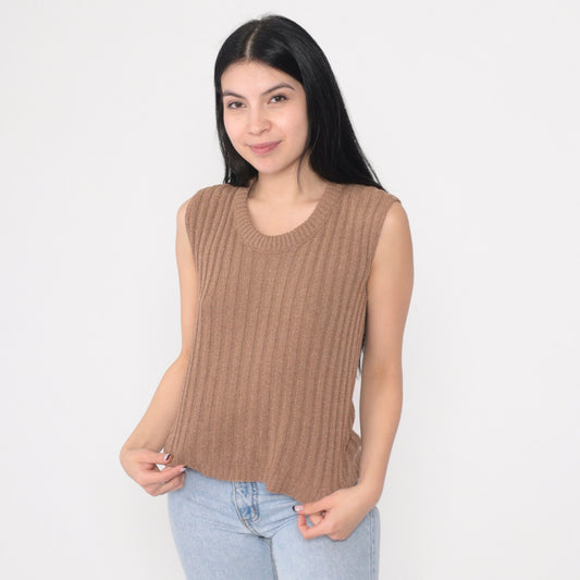 80s Cocoa Brown Ribbed Knit Sweater Vest Scoop Neck Pullover Medium M