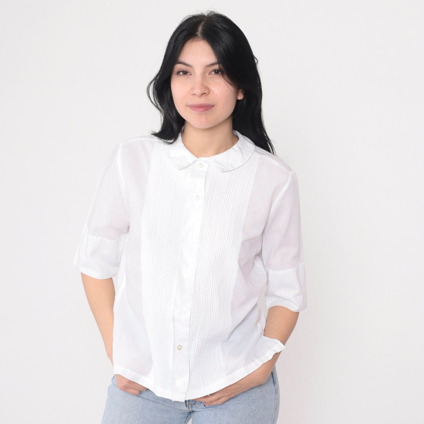 80s Ship n Shore White Button Up Blouse Peter Pan Collar Half Sleeve XS