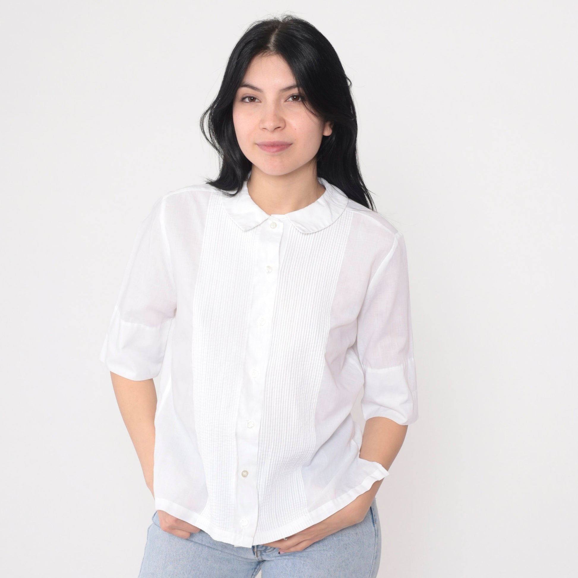 80s Ship n Shore White Button Up Blouse Peter Pan Collar Half Sleeve XS