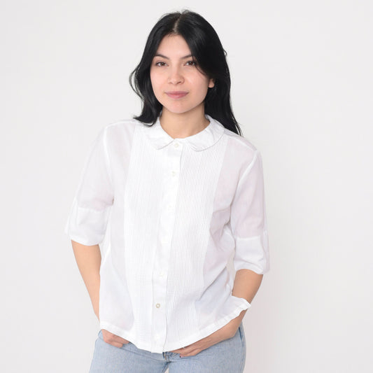 80s Ship n Shore White Button Up Blouse Peter Pan Collar Half Sleeve XS