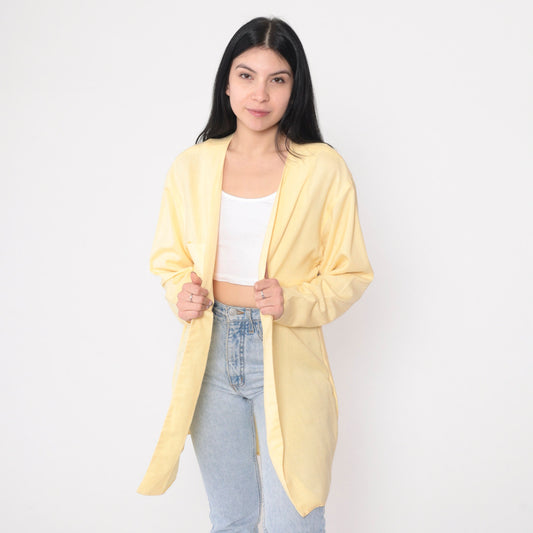 90s Pastel Yellow Longline Cardigan Jacket Open Front Medium Large