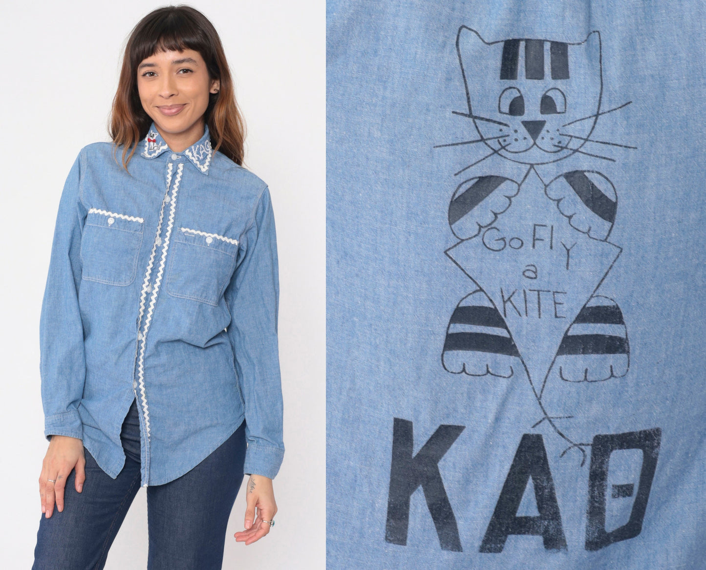 70s Big Mac Chambray Shirt Cat Kite Patch Button Up Blue Small