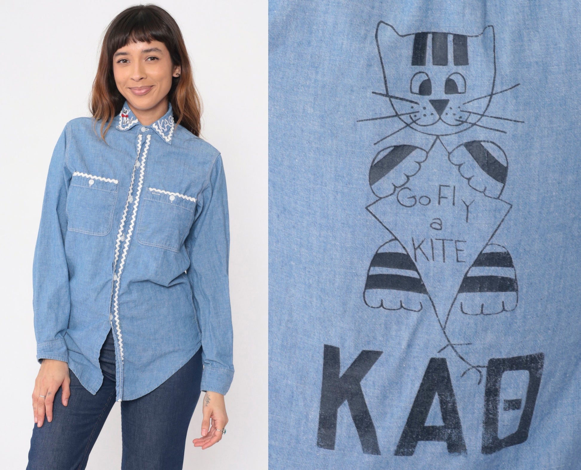 70s Big Mac Chambray Shirt Cat Kite Patch Button Up Blue Small