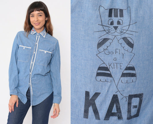 70s Big Mac Chambray Shirt Cat Kite Patch Button Up Blue Small