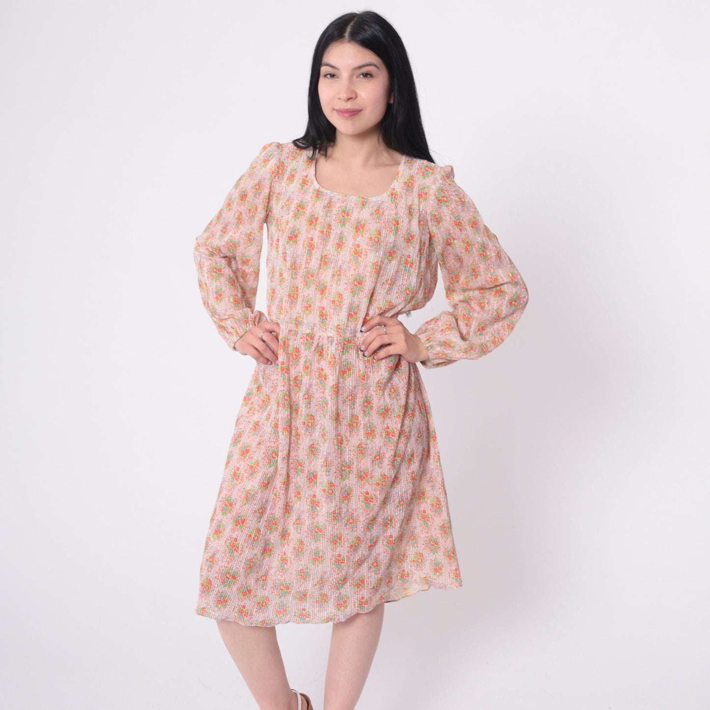 70s Floral Midi Dress High Waist Knife Pleated Puff Sleeve Green Blue Medium