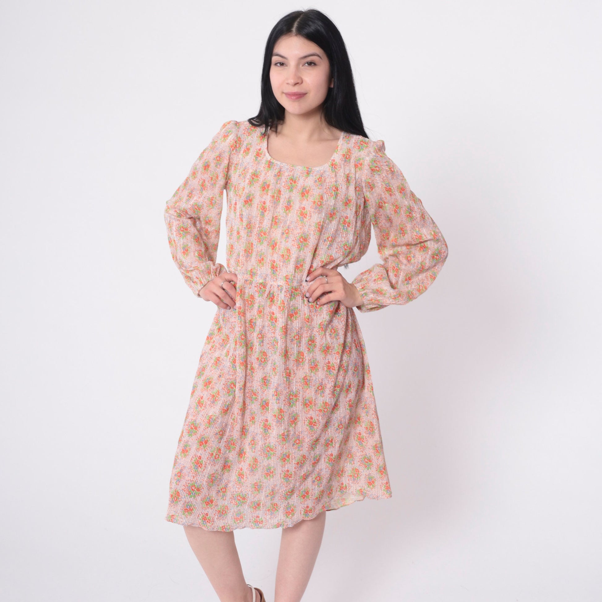70s Floral Midi Dress High Waist Knife Pleated Puff Sleeve Green Blue Medium