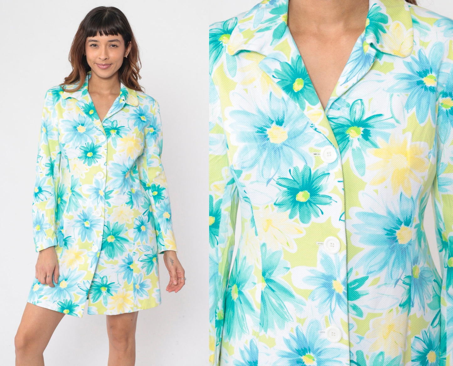 90s Lime Green Floral Mini Shirtdress Long Sleeve Button Up Cotton Medium 8
