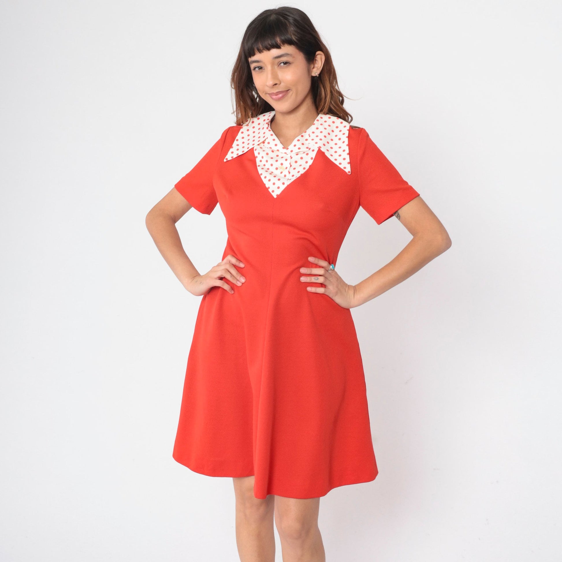 70s Red Shift Dress Polka Dot Collar Mini Short Sleeve Medium 8