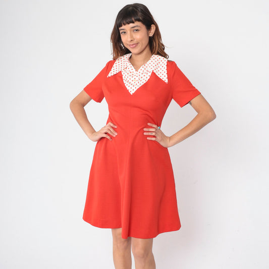 70s Red Shift Dress Polka Dot Collar Mini Short Sleeve Medium 8
