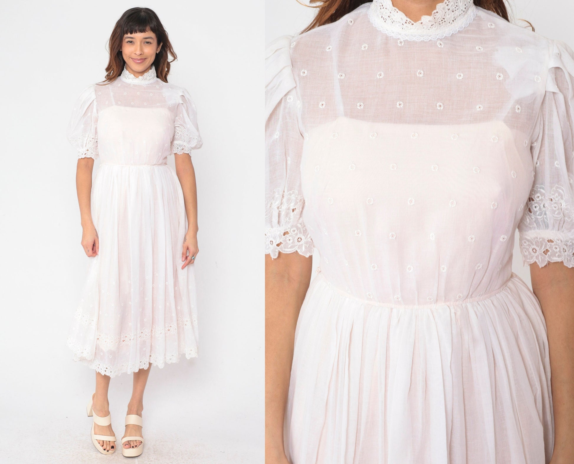 60s White Eyelet Dress Floral Embroidered Puff Sleeve High Waist Midi Small
