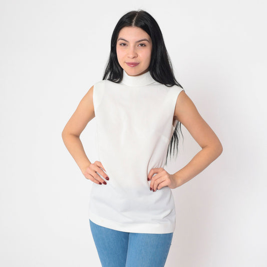 70s White Mock Neck Tank Top Semi-Sheer Sleeveless Blouse Small
