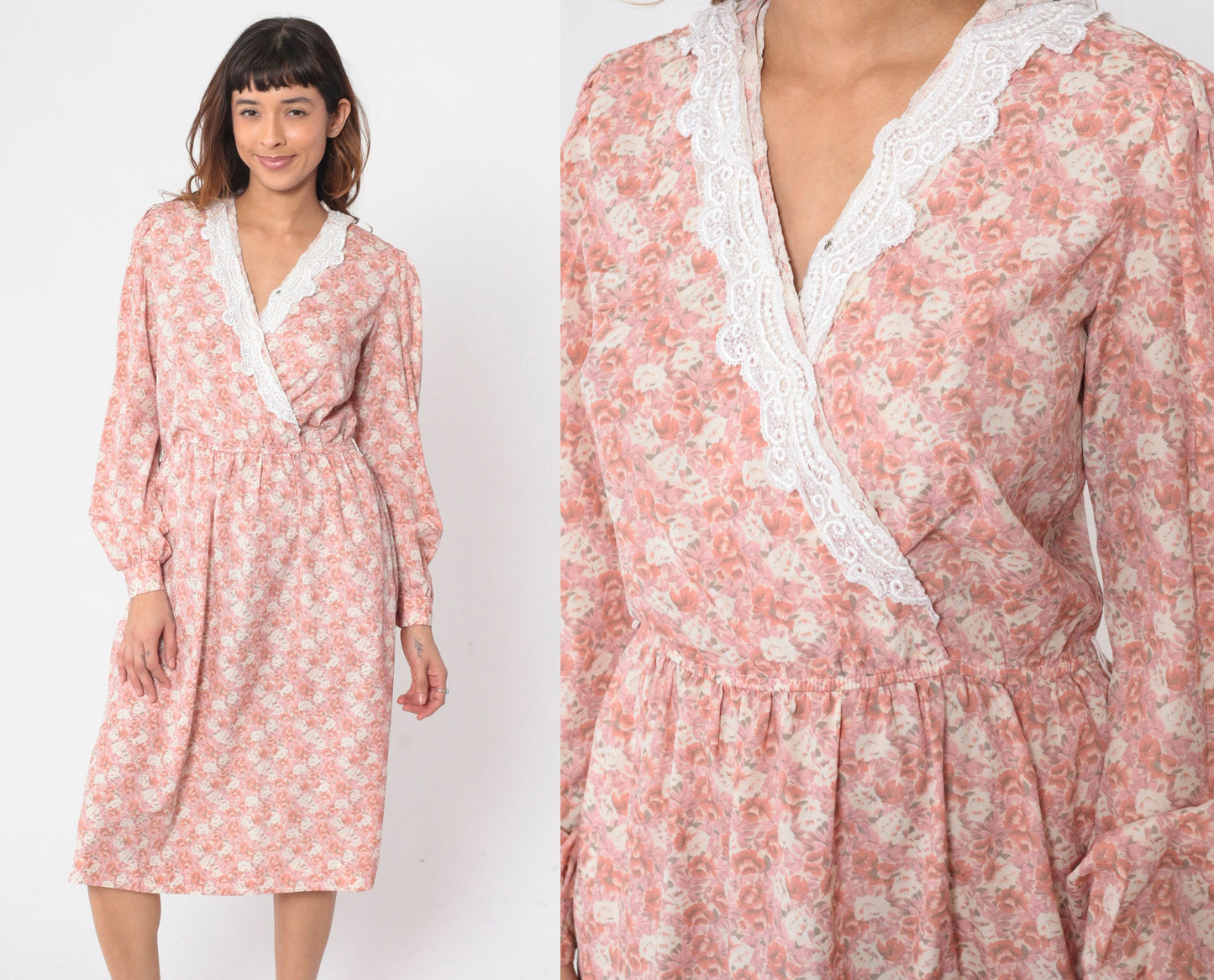 80s Floral Wrap Dress Pink V-Neck Midi Puff Sleeve High Waisted Small Medium