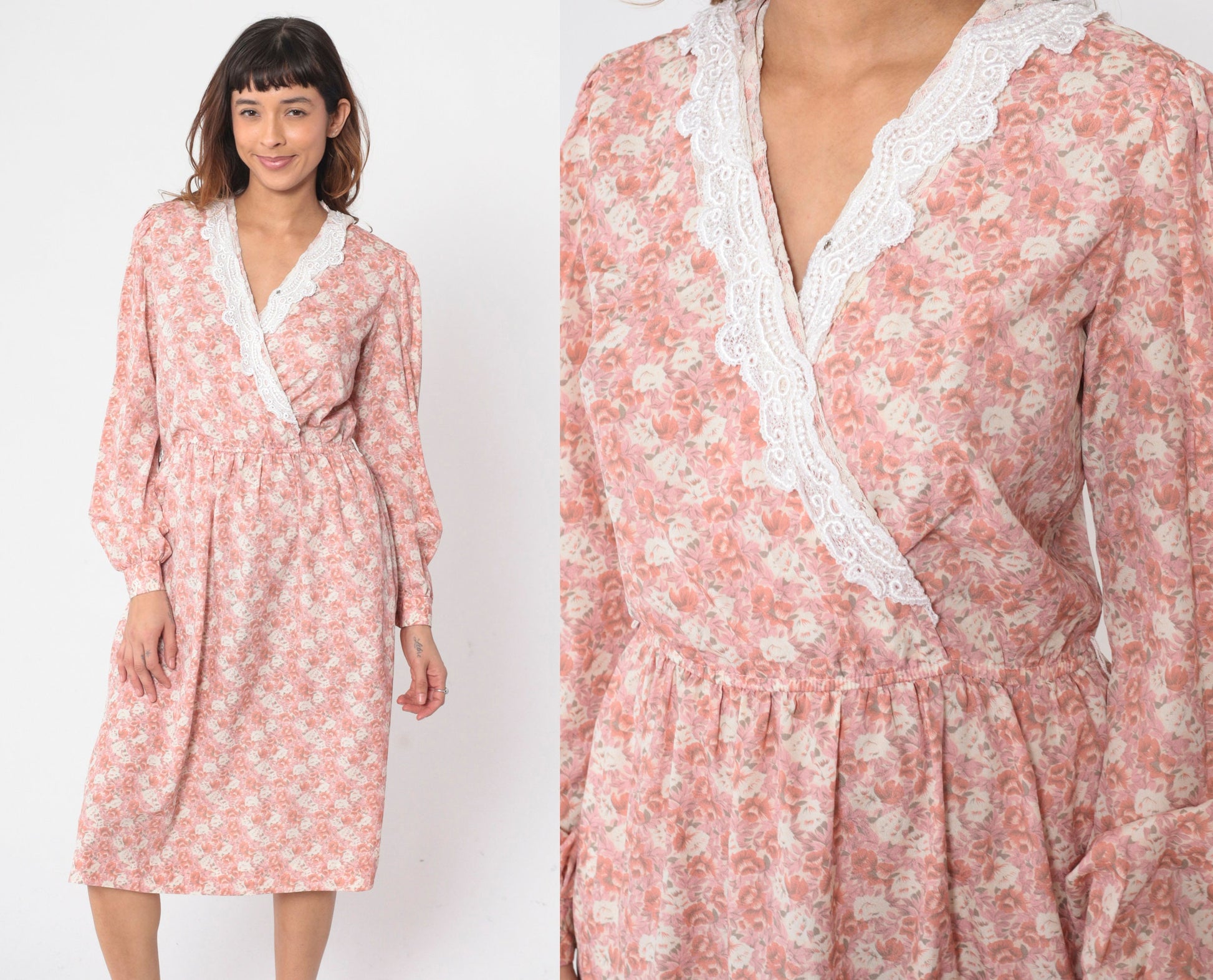 80s Floral Wrap Dress Pink V-Neck Midi Puff Sleeve High Waisted Small Medium
