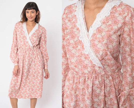 80s Floral Wrap Dress Pink V-Neck Midi Puff Sleeve High Waisted Small Medium