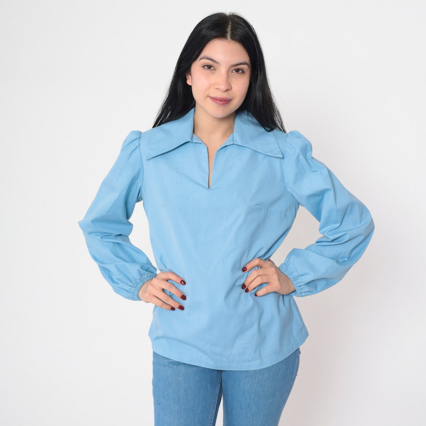 70s Baby Blue Blouse Puff Sleeve Collared V-Neck Long Sleeve Medium M