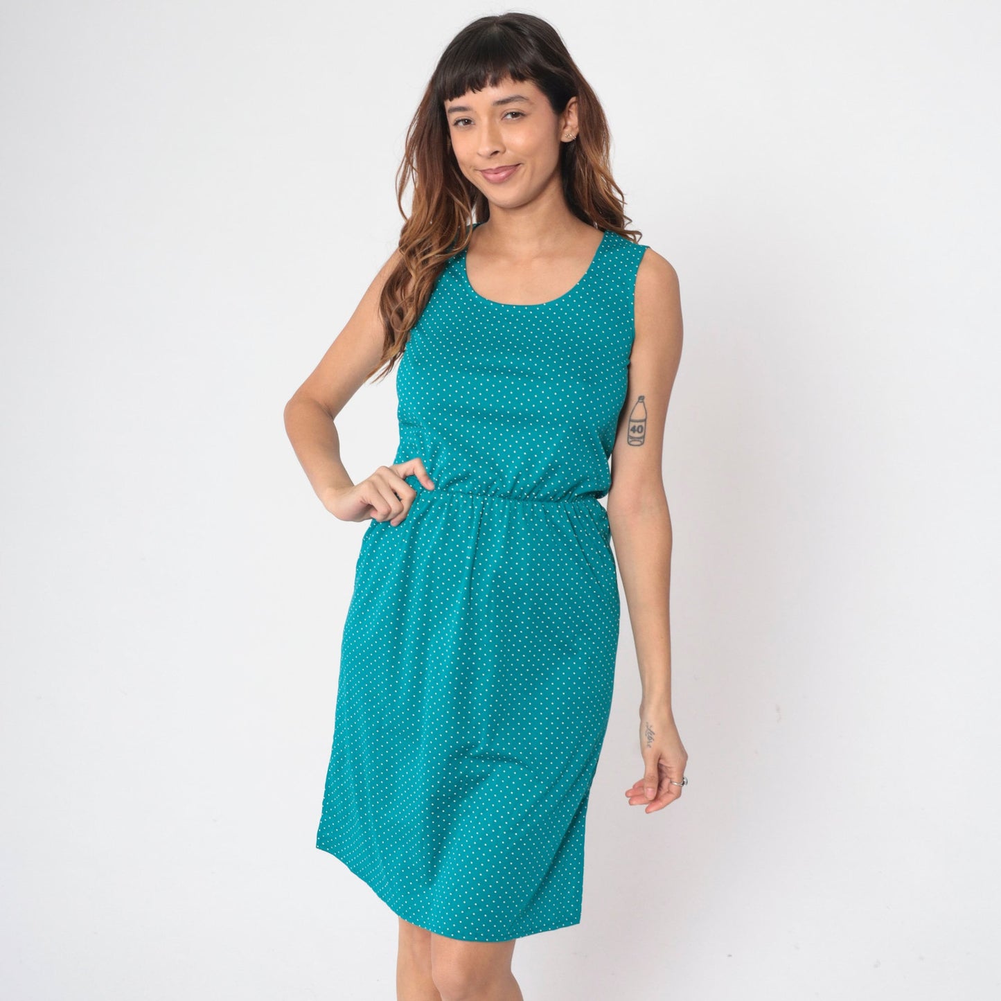 80s Teal Polka Dot Midi Dress Sleeveless High Waist Scoop Neck Small
