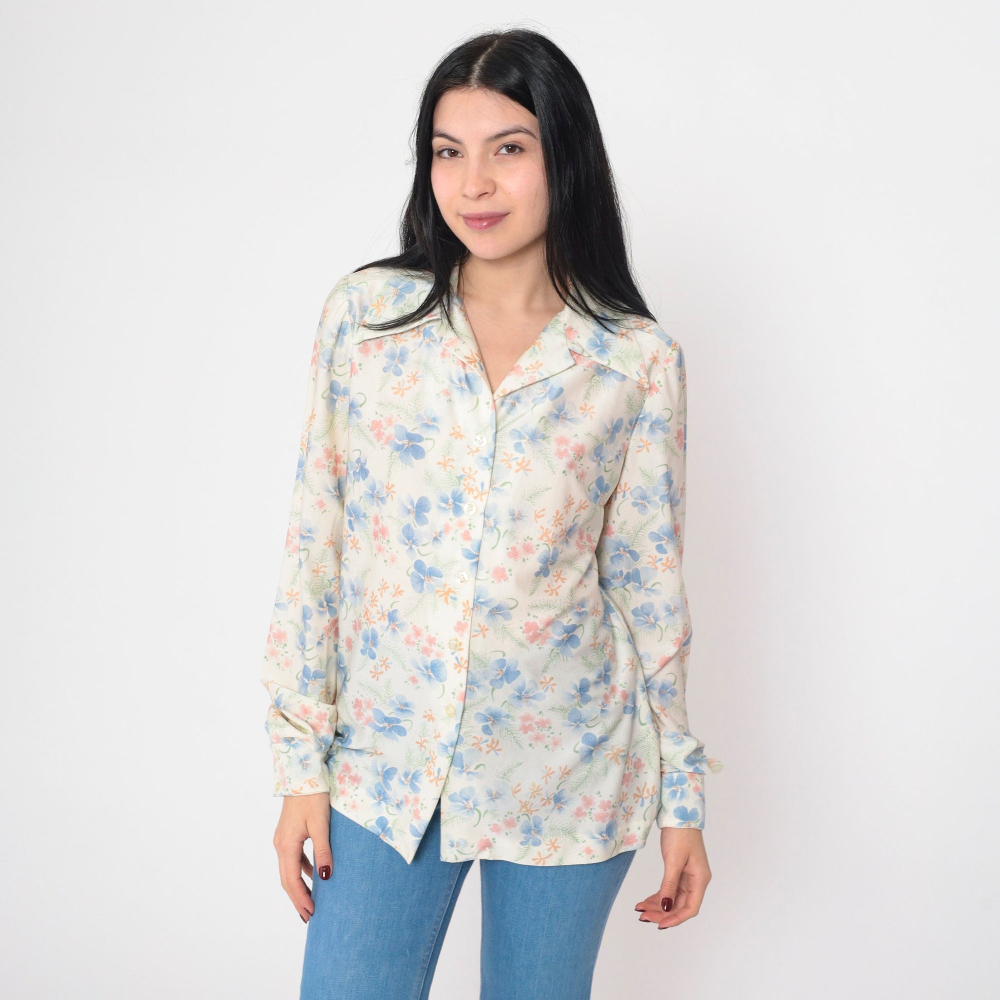 70s Floral Print Blouse White Puff Sleeve Button-Up Collared Shirt Medium