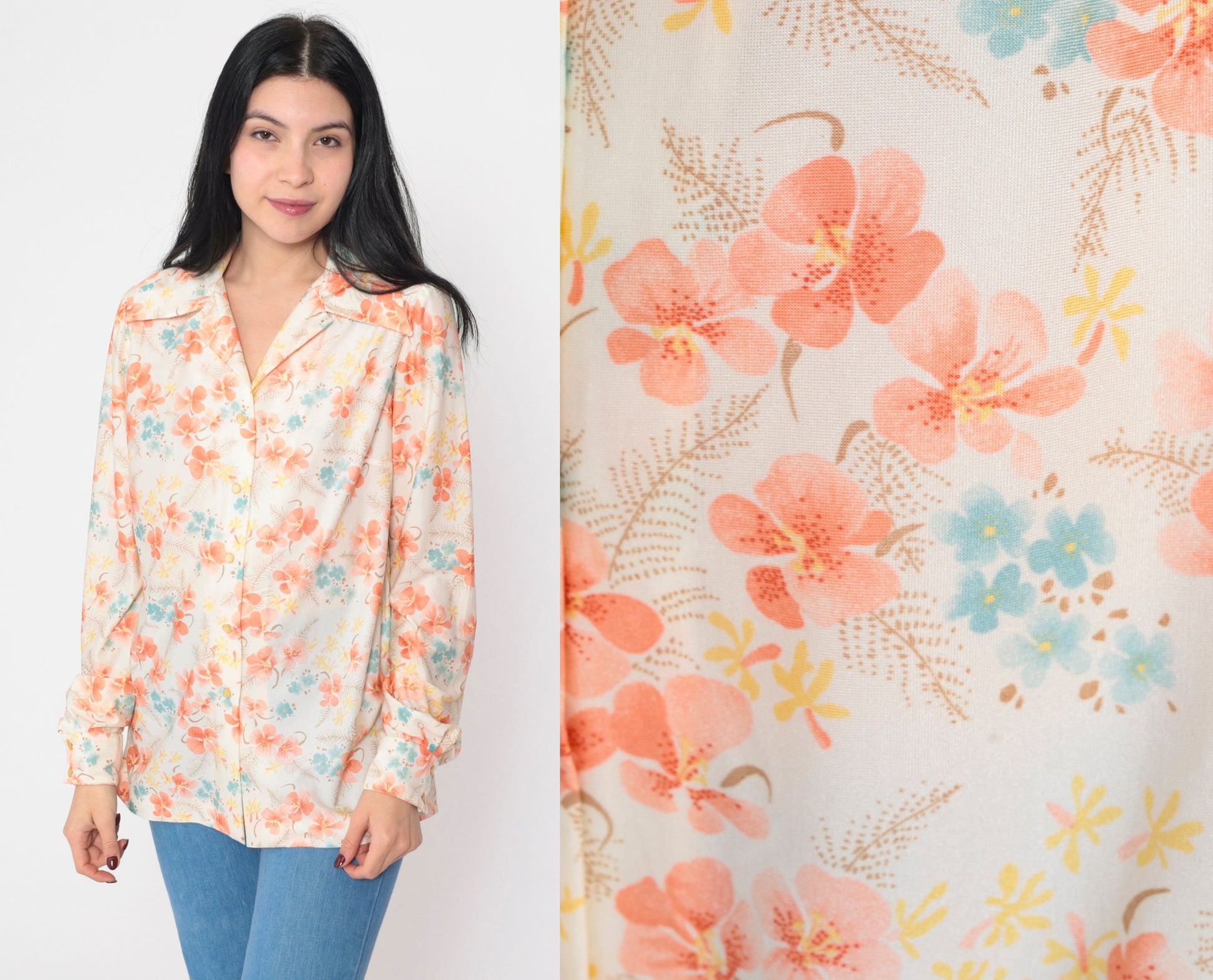 70s Floral Button-Up Blouse Off-White Orange Orchid Long Sleeve Collared Shirt Medium