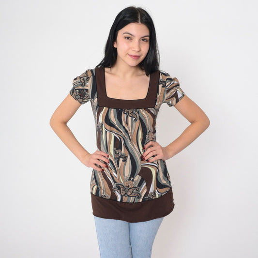 Y2K Abstract Floral Paisley Puff Sleeve Blouse Brown Short Sleeve Small S
