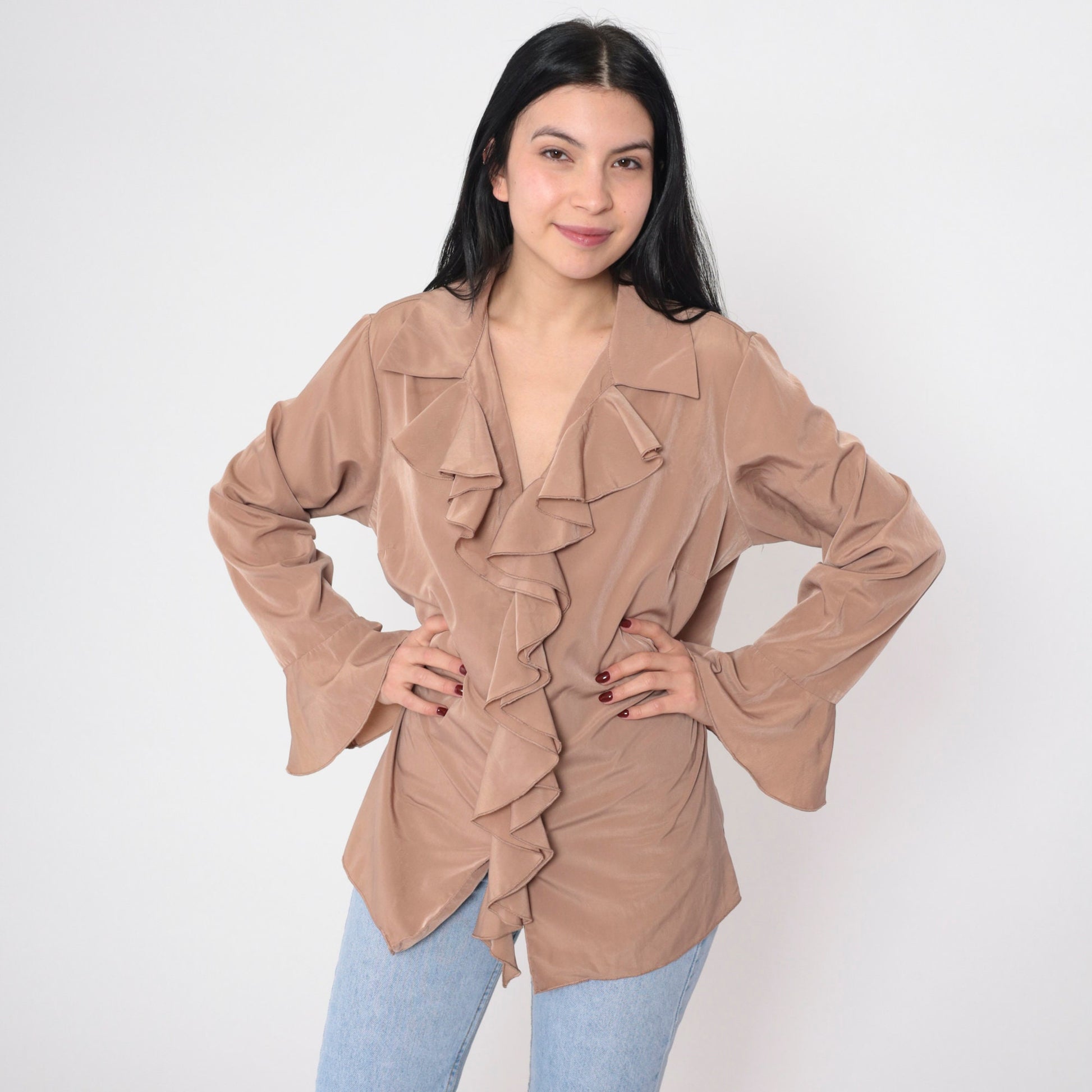 90s Cocoa Brown Ruffled V-Neck Blouse Long Bell Sleeve Vintage Poet Top Large L