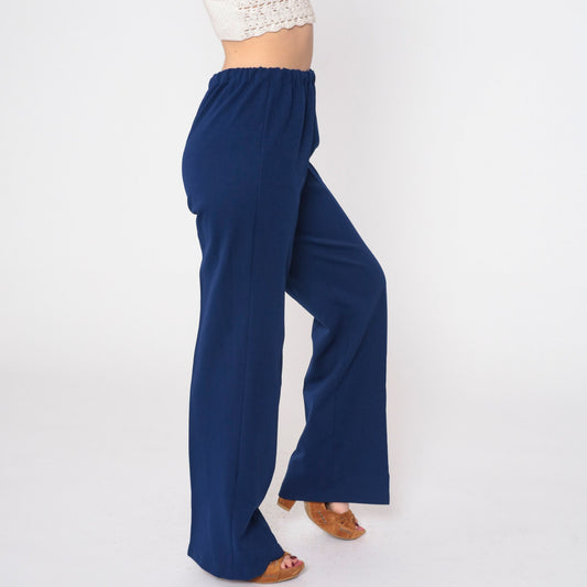 70s Navy High-Waisted Straight Leg Trousers Elastic Waist Small