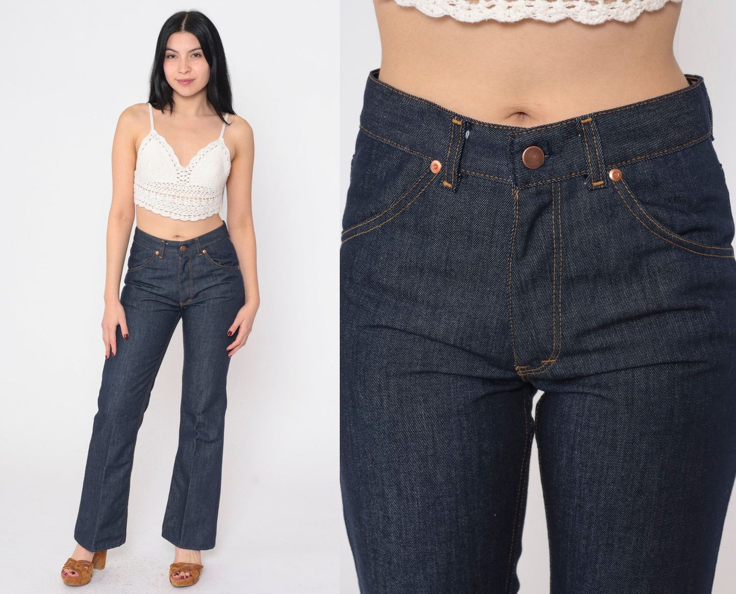 80s Dark Blue Flared Denim Jeans Mid Rise Orange Topstitch Small S