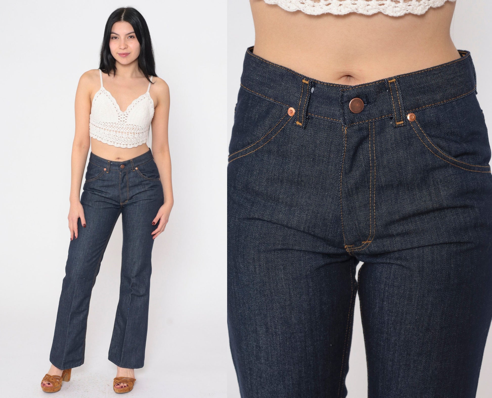 80s Dark Blue Flared Denim Jeans Mid Rise Orange Topstitch Small S
