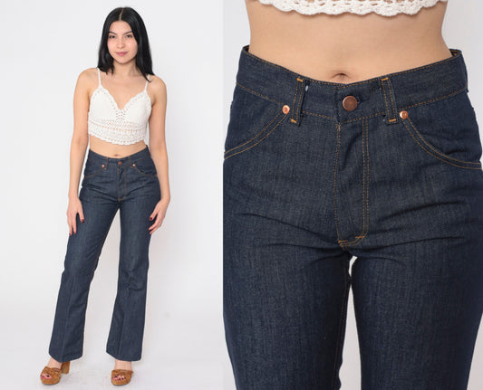 80s Dark Blue Flared Denim Jeans Mid Rise Orange Topstitch Small S