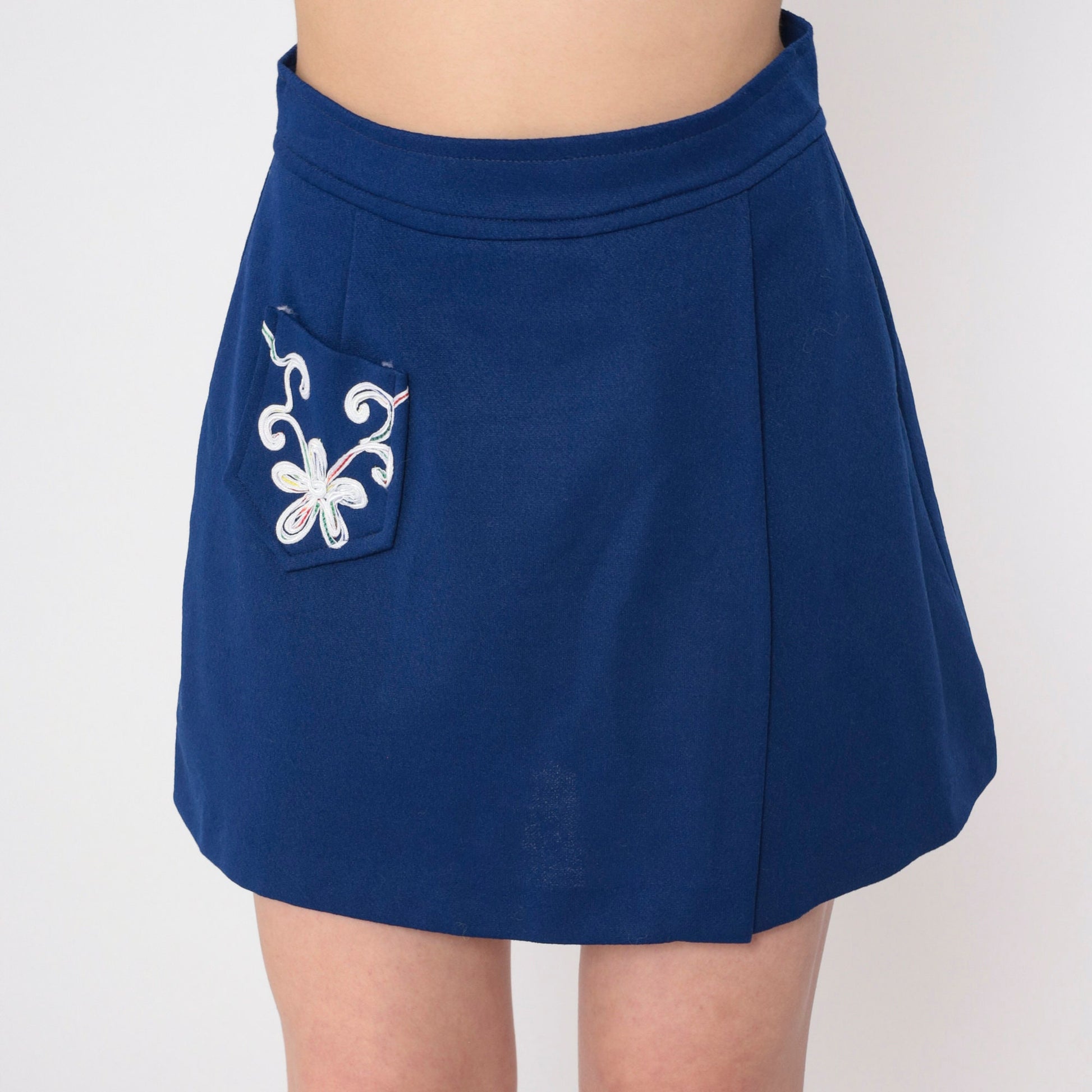 70s Navy Skort Floral Embroidered High Waisted Mini A Line Small S