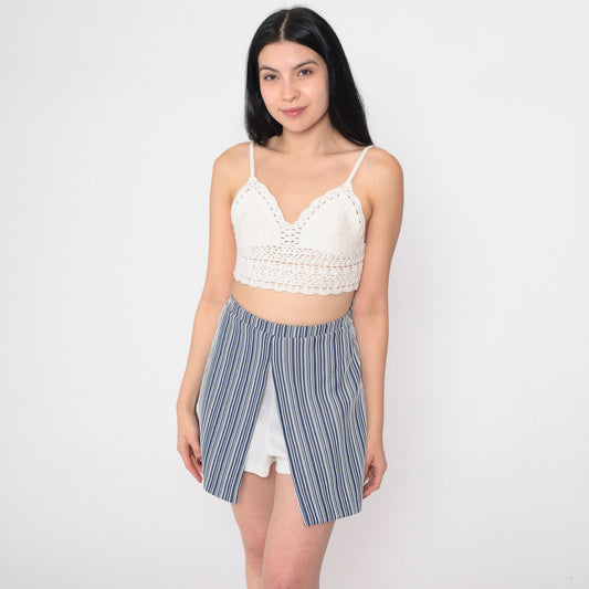 70s Blue White Striped Scooter Skort Mini High Waisted A-Line Medium M