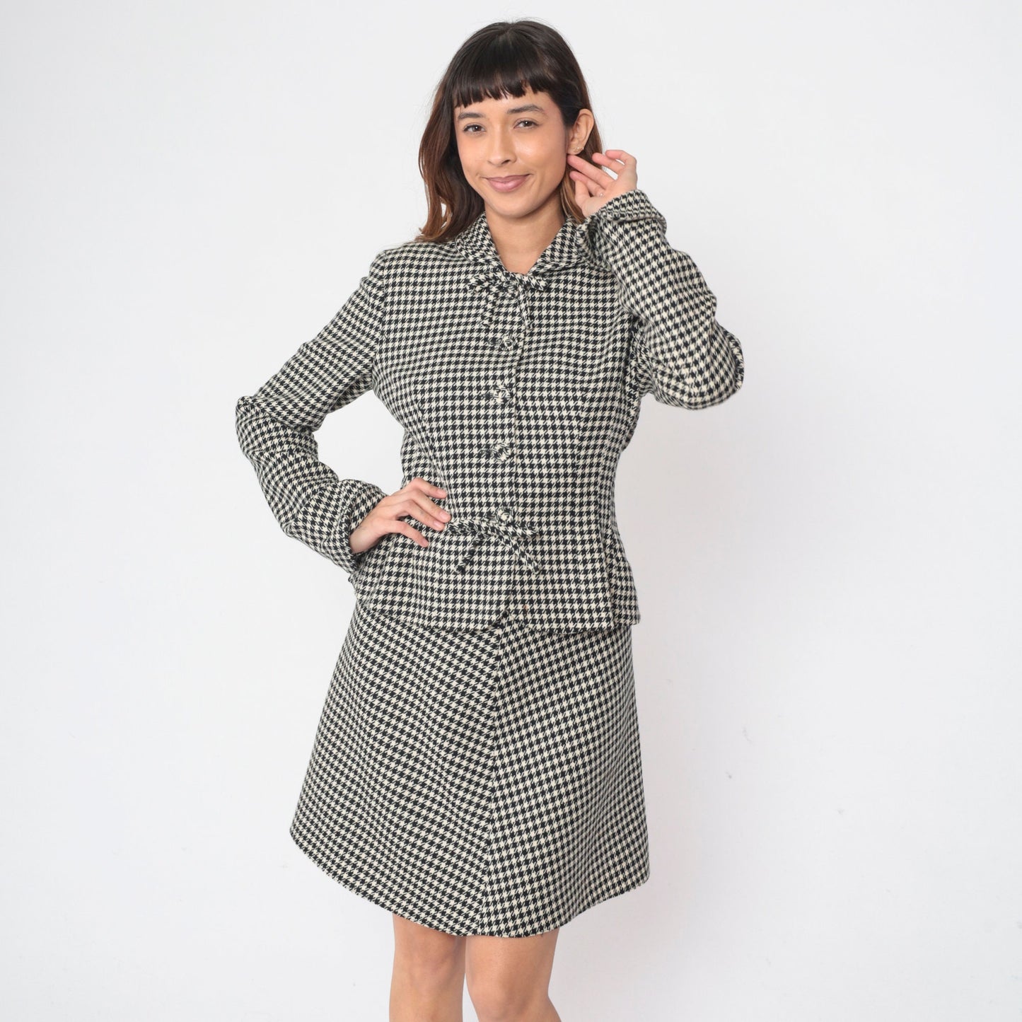 90s Jill Stuart Houndstooth Skirt Suit Jacket Mini A-Line Black White Medium