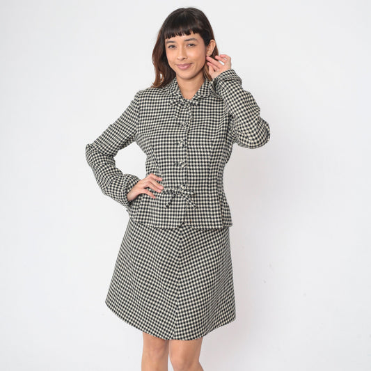 90s Jill Stuart Houndstooth Skirt Suit Jacket Mini A-Line Black White Medium