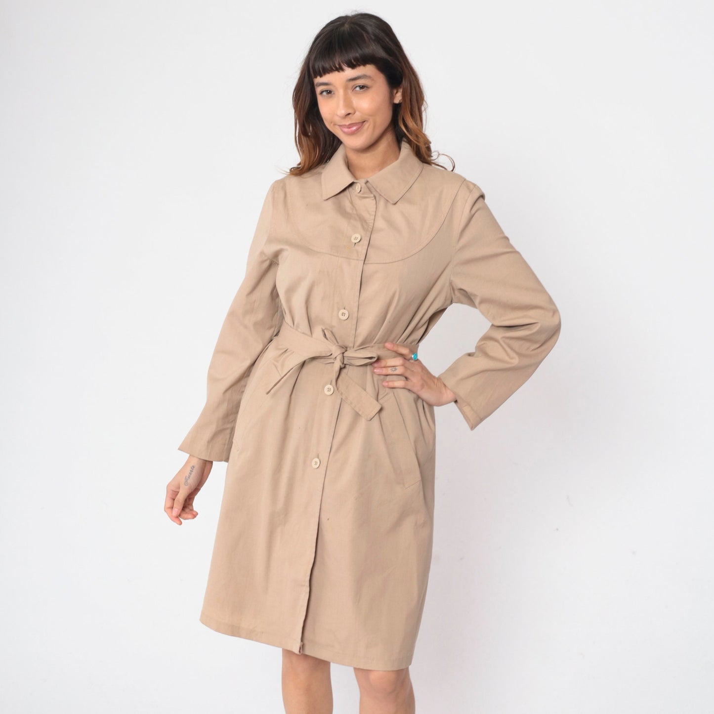 70s London Fog Trench Coat Khaki Button-Up Belted Midi Jacket Medium