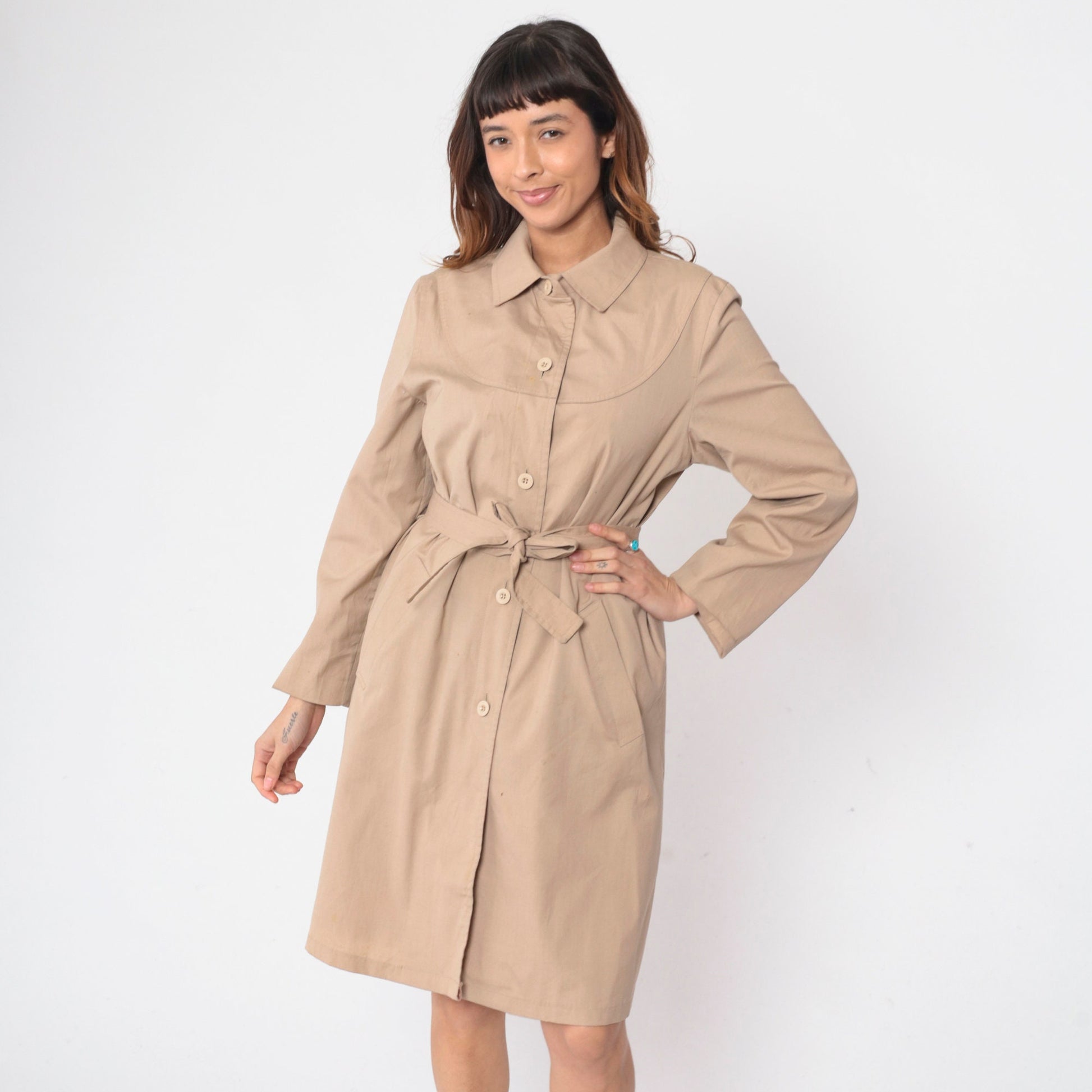 70s London Fog Trench Coat Khaki Button-Up Belted Midi Jacket Medium