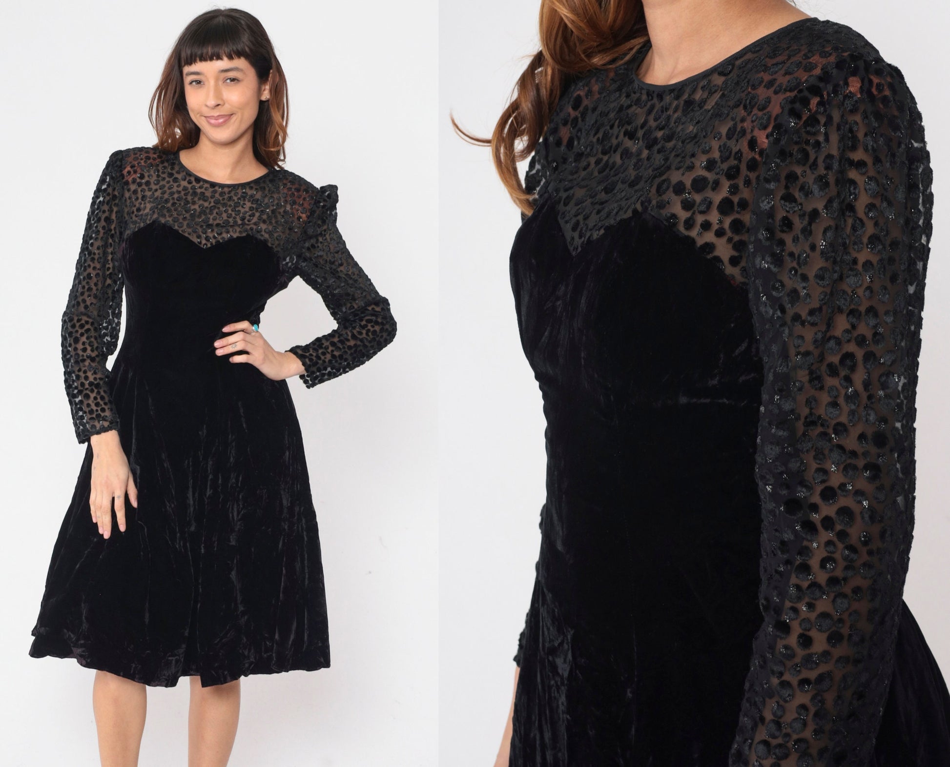 80s Black Velvet Party Dress Illusion Neckline Sparkly Sheer Small