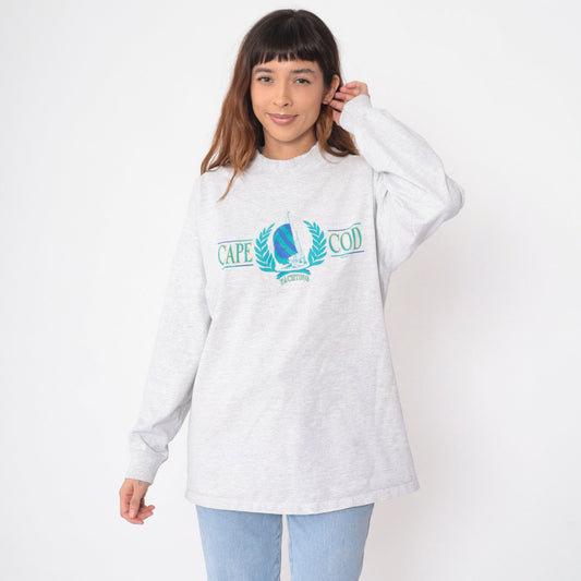 90s Cape Cod Yachting Graphic Long Sleeve Tee Heather Grey Cotton Extra Large