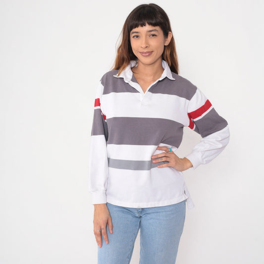 90s Shore Club Striped Rugby Shirt White Grey Red Long Sleeve Polo Medium