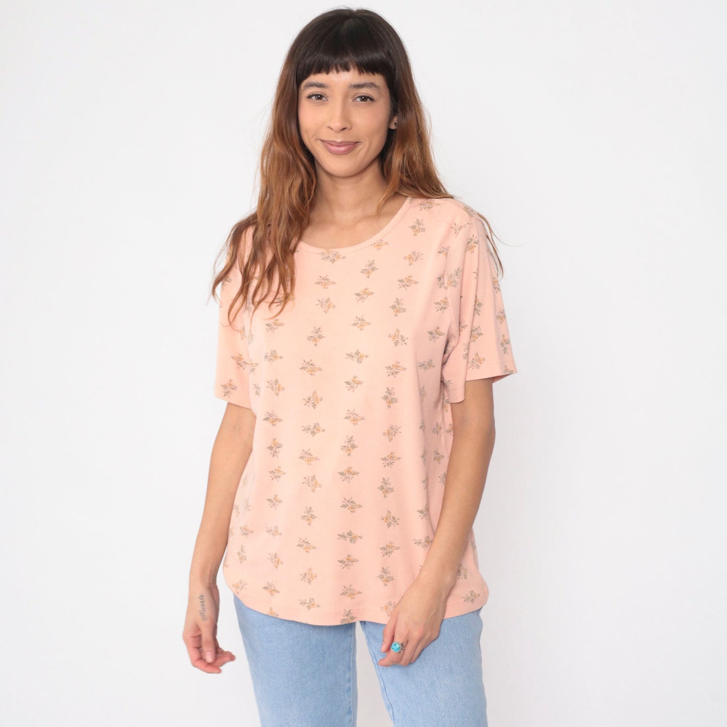90s White Stag Peach Floral Graphic T-Shirt All Over Print Medium Large