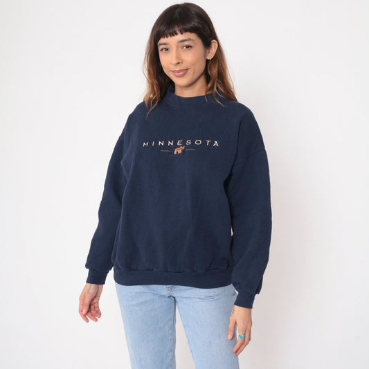90s Minnesota Moose Embroidered Navy Sweatshirt Crewneck Pullover Large L