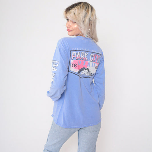 90s Park City Utah Wasatch Mountains Ski Graphic Tee Lavender Long Sleeve Medium
