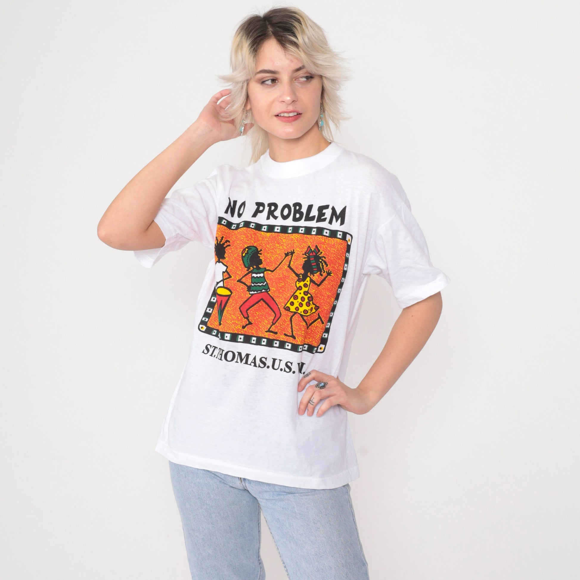 90s St Thomas Virgin Islands No Problem Rasta Graphic Tee White Cotton Medium