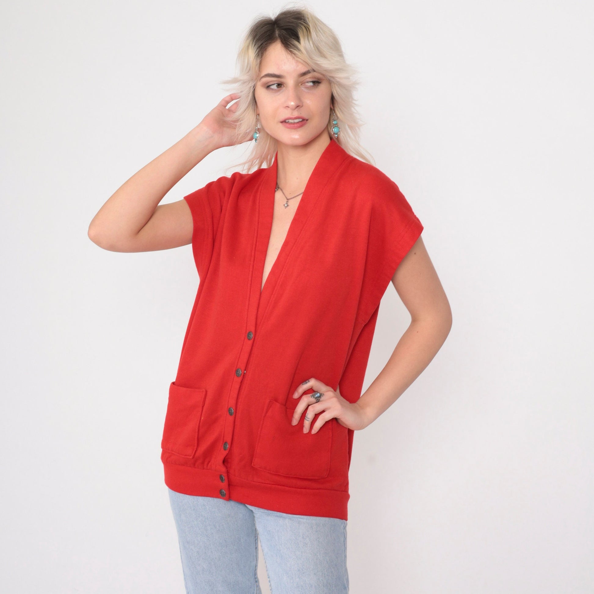 90s Red Sweatshirt Vest Button-Up V-Neck Cap Sleeve Medium M