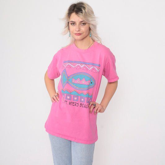 90s Fort Myers Beach Tropical Fish Graphic Tee Hot Pink Cotton Medium