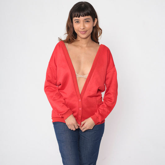 90s Red Cardigan Sweater Button Up Deep V Neck Pockets Medium Large