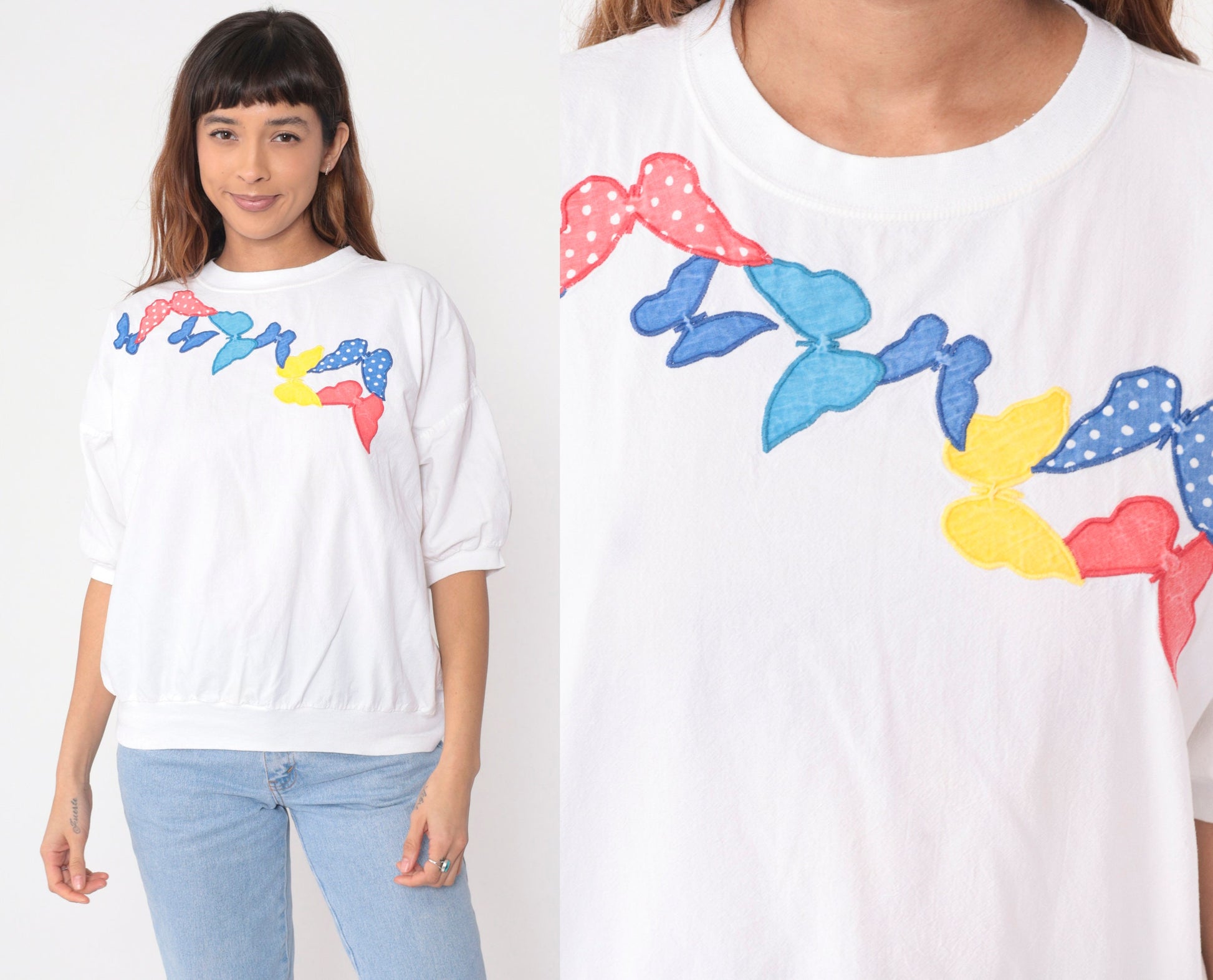 90s Butterfly Applique White Cotton T-Shirt Short Sleeve Banded Hem Large L