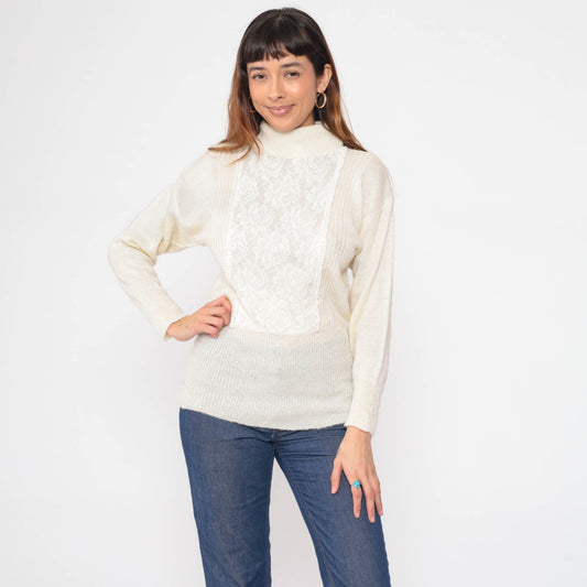 70s Jack Winter Cream Lace Mock Neck Sweater Knit Pullover Extra Small