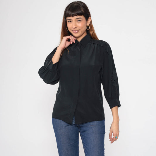 80s Black Floral Embroidered Blouse Cutout 3/4 Sleeve Button-Up Small