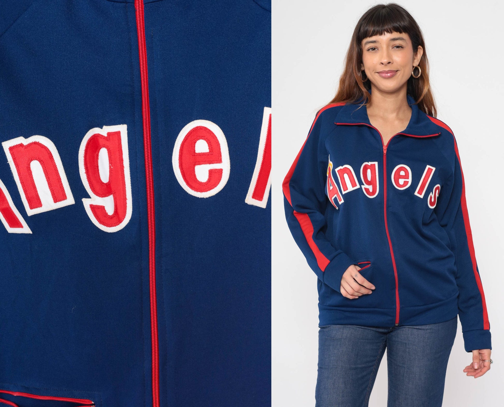 80s Los Angeles Angels Baseball Jacket Dark Blue Red Stripe Wool Blend Small